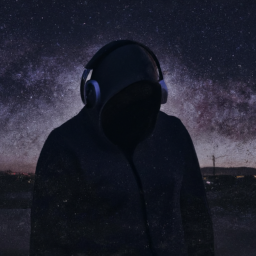 Paisaje con una persona con capucha negra y audífonos mirando el cielo oscuro con unas estrellas poco brillantes